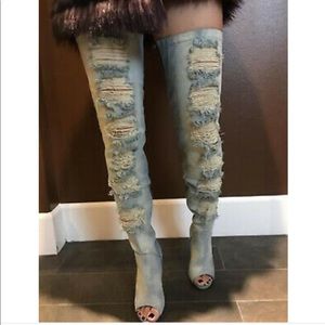 Brand New Distressed Denim thigh high boots